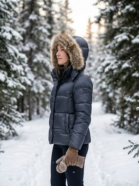 L.L. Bean Black Goose Down Puffer Jacket with Faux Fur Hood Size S